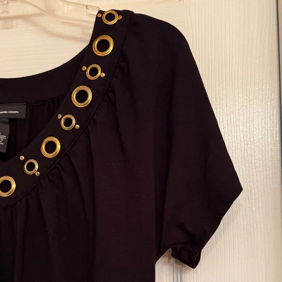 INC brand Black Short Sleeve Top with Gold Eyelet V-Neckline. Size Small - Picture 5 of 12